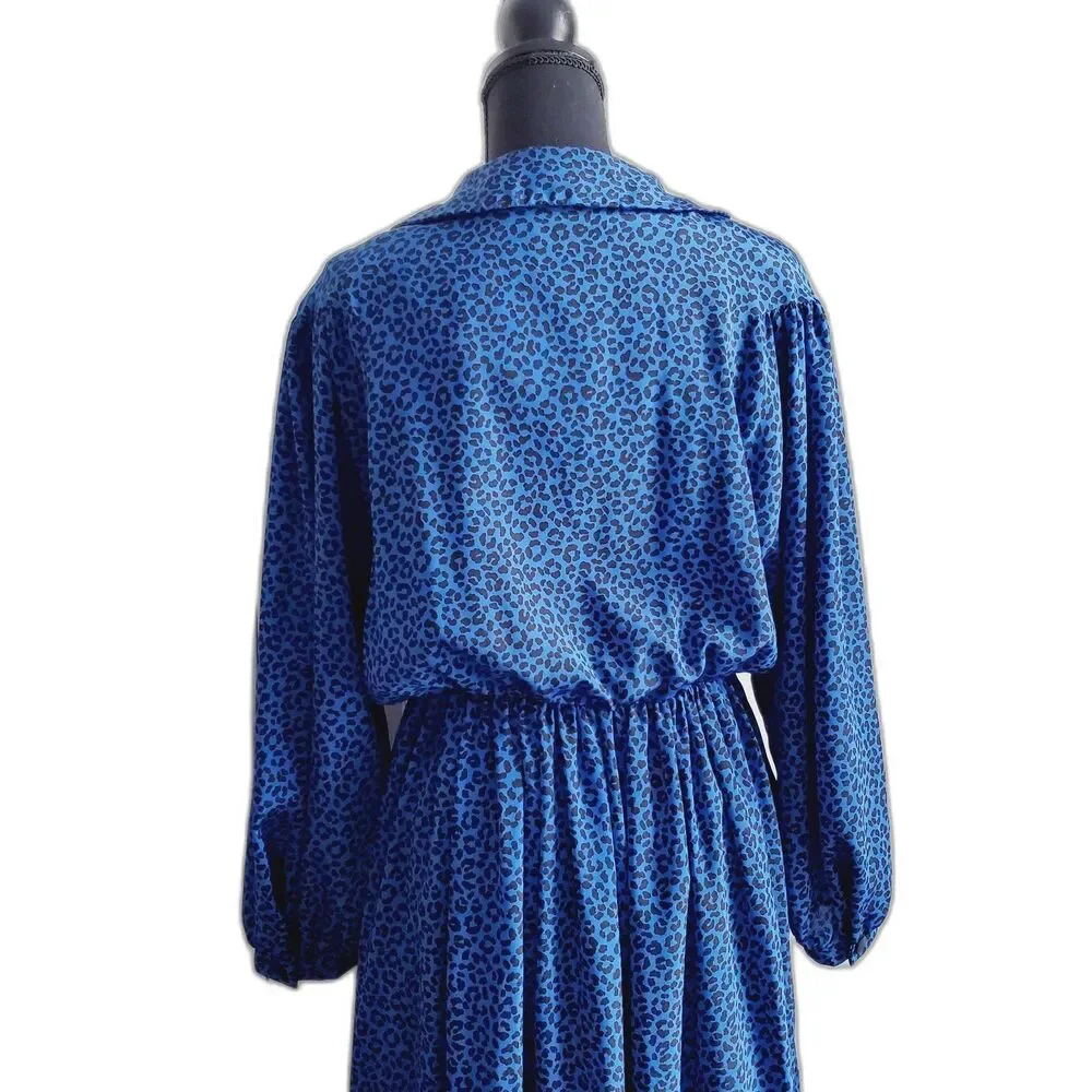 Vintage Tribute Blue Animal Print Dress Elastic Waist Long Sleeve Size M GUC - Picture 13 of 14